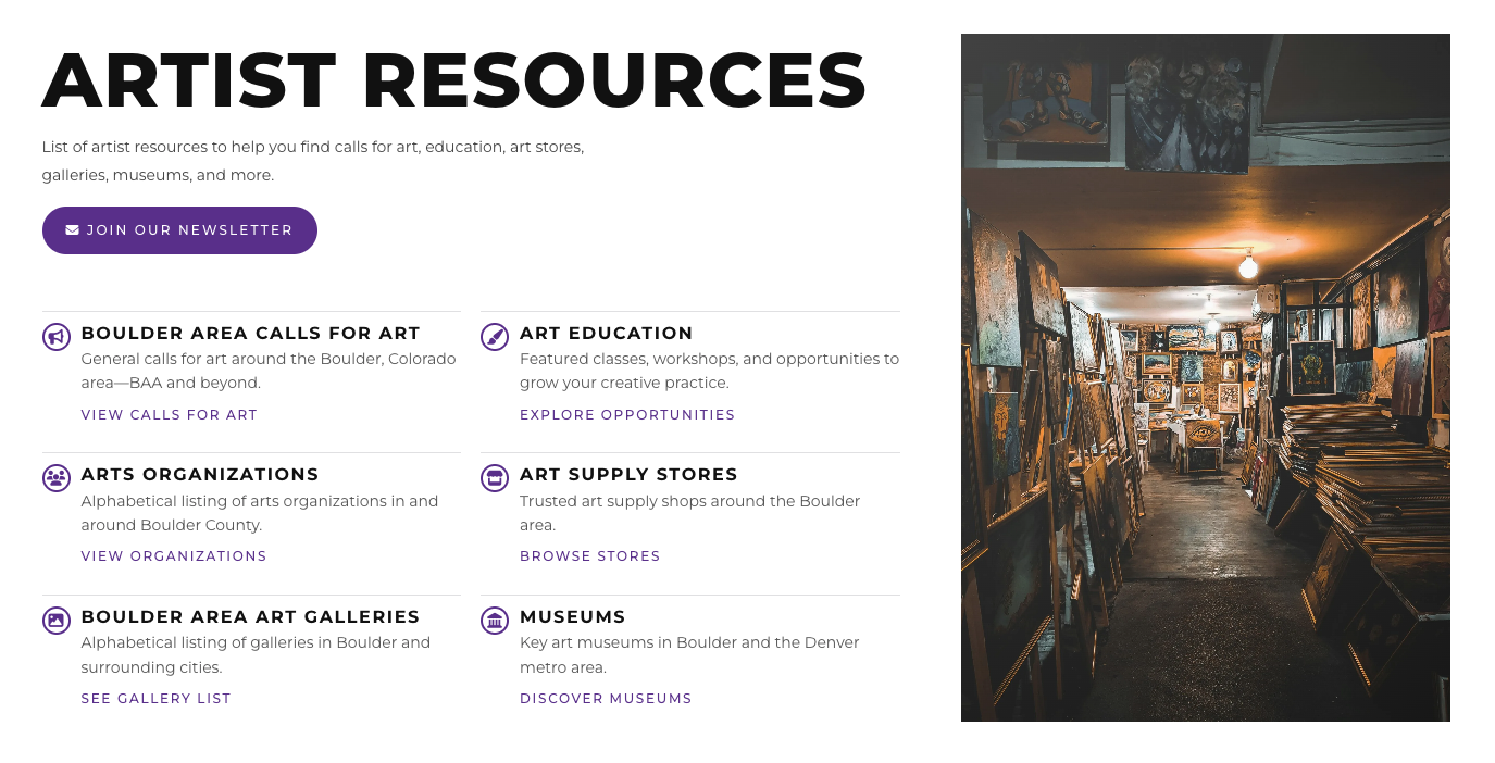 Alternating layout for local art galleries and museums section with regional groupings