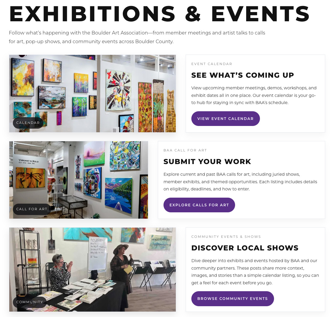 Exhibitions & Events hub showing calendar link, calls for art, and community shows