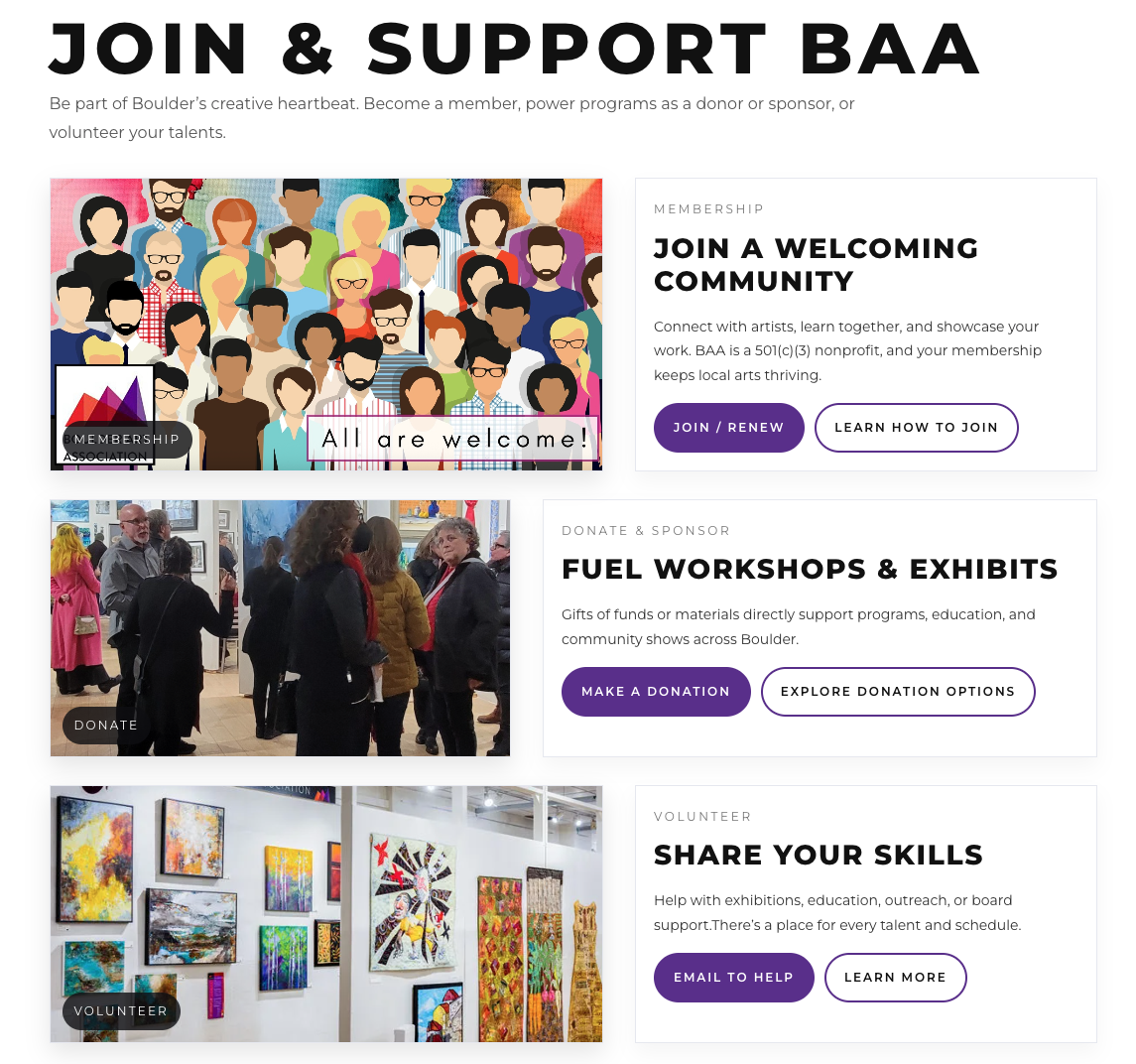 Join & Support Boulder Art Association page with alternating membership, donate, and volunteer sections