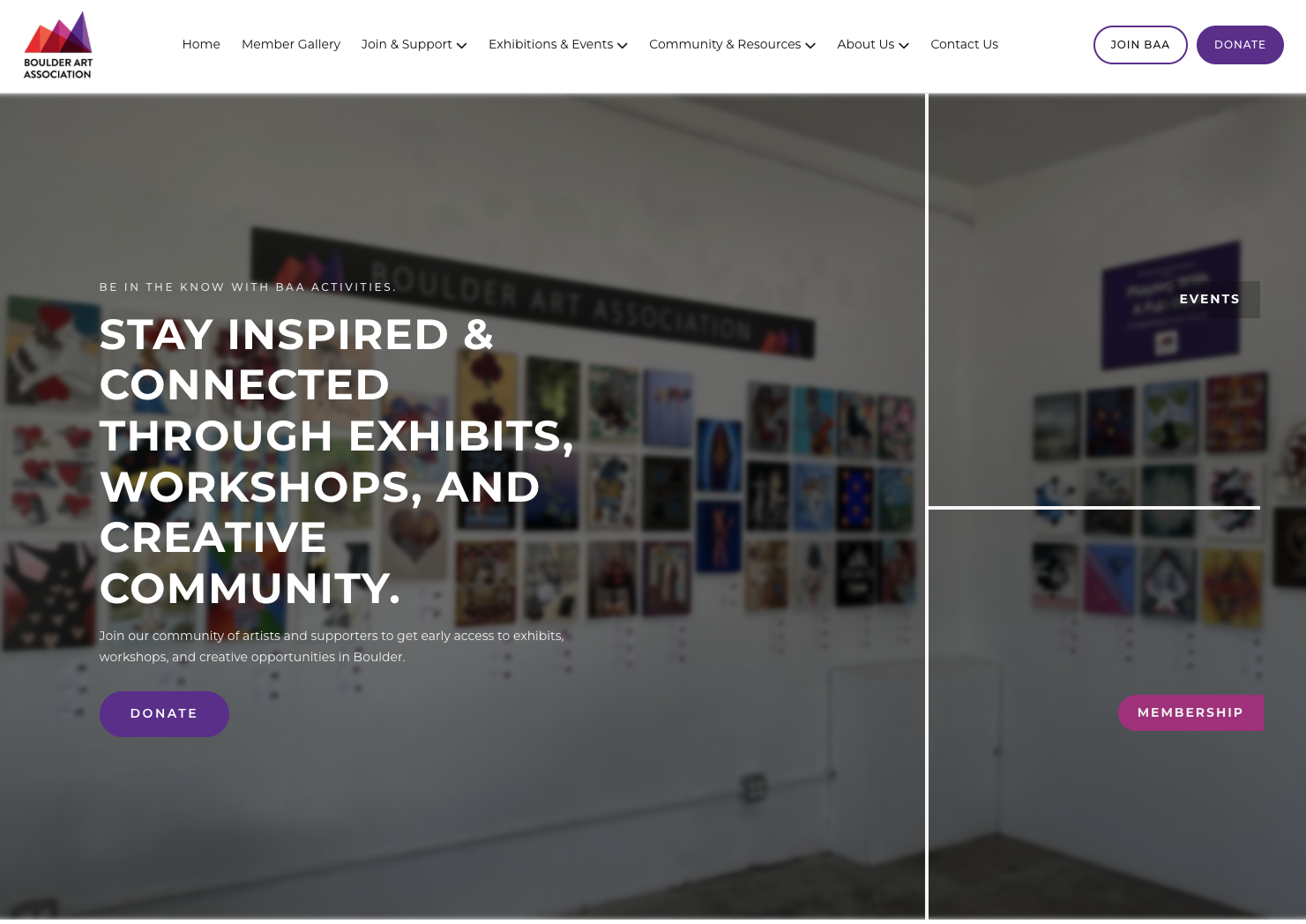 Boulder Art Association homepage hero layout on mobile
