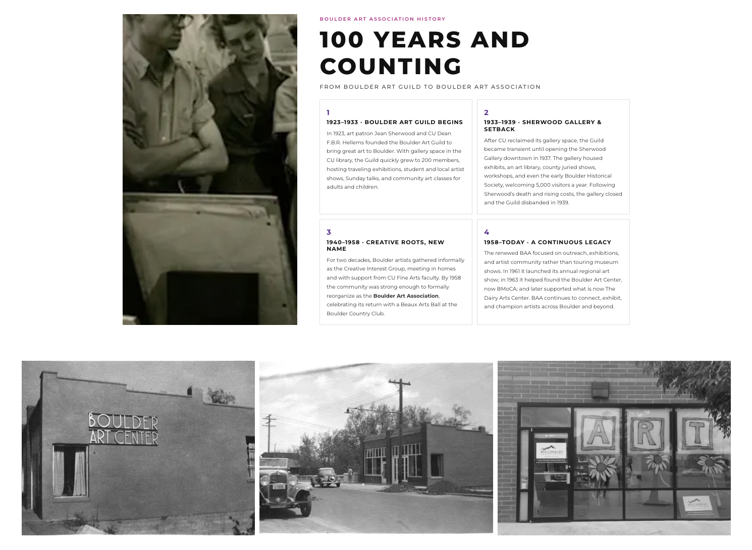 Full-page view of the Boulder Art Association homepage redesign