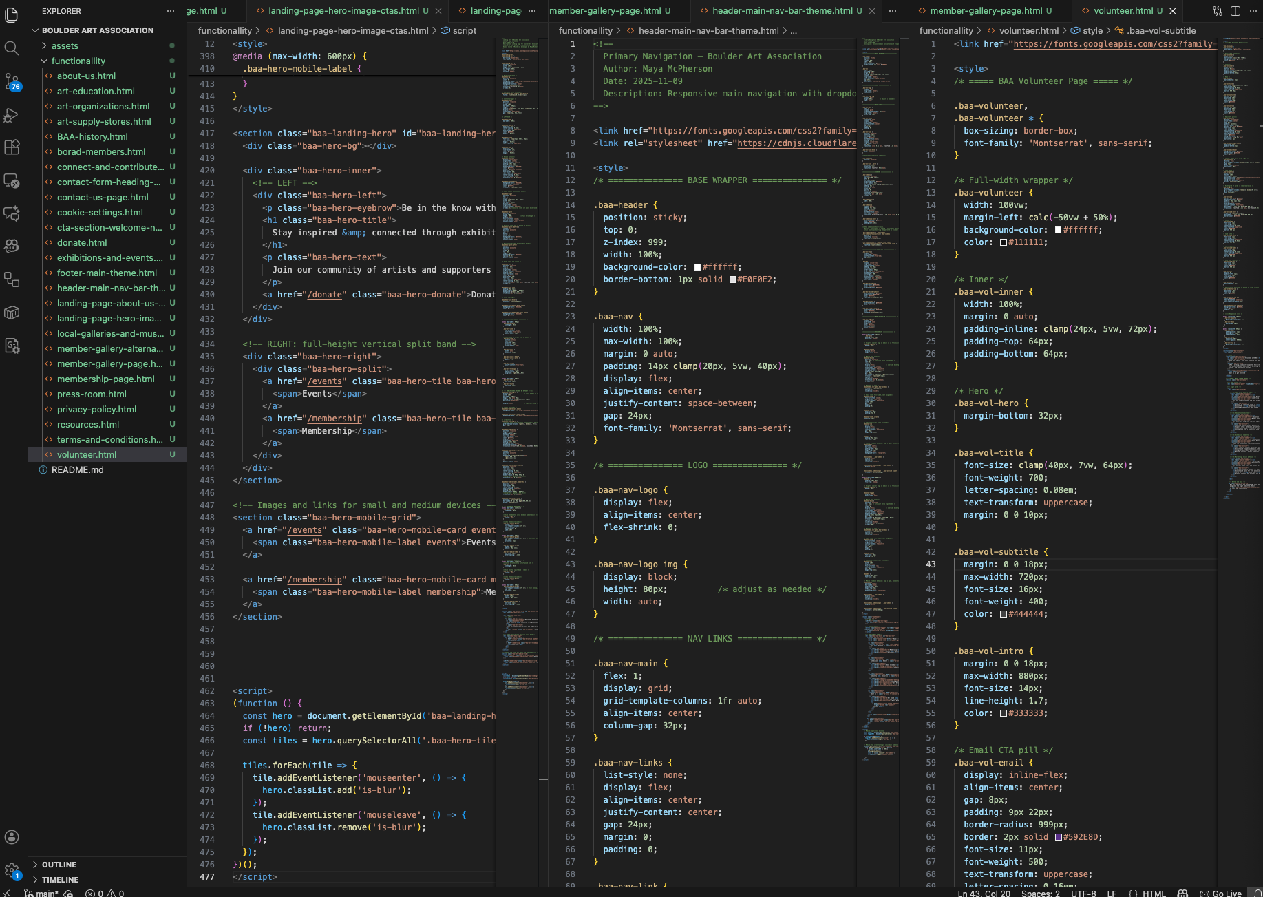 Larger view of Boulder Art Association custom CSS and JavaScript powering layouts and navigation