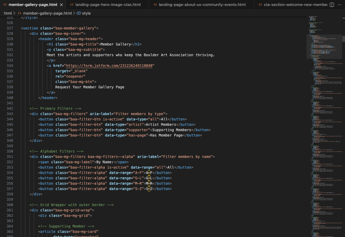 Custom navigation and layout code for the Boulder Art Association WordPress theme