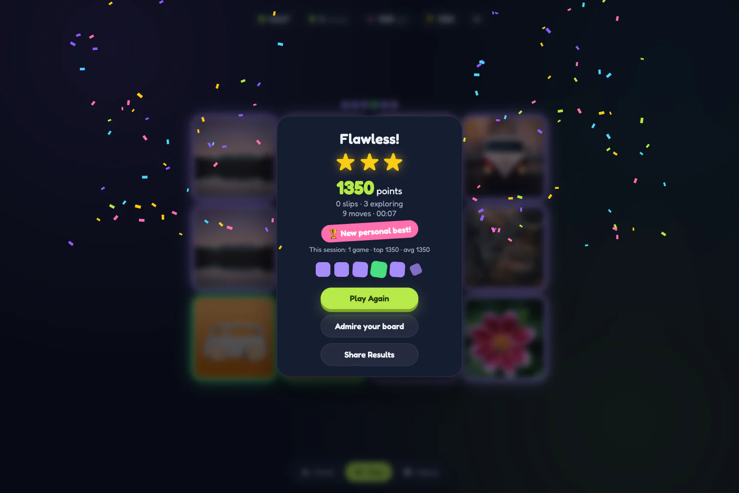 Memory Flawless results card with three stars and confetti