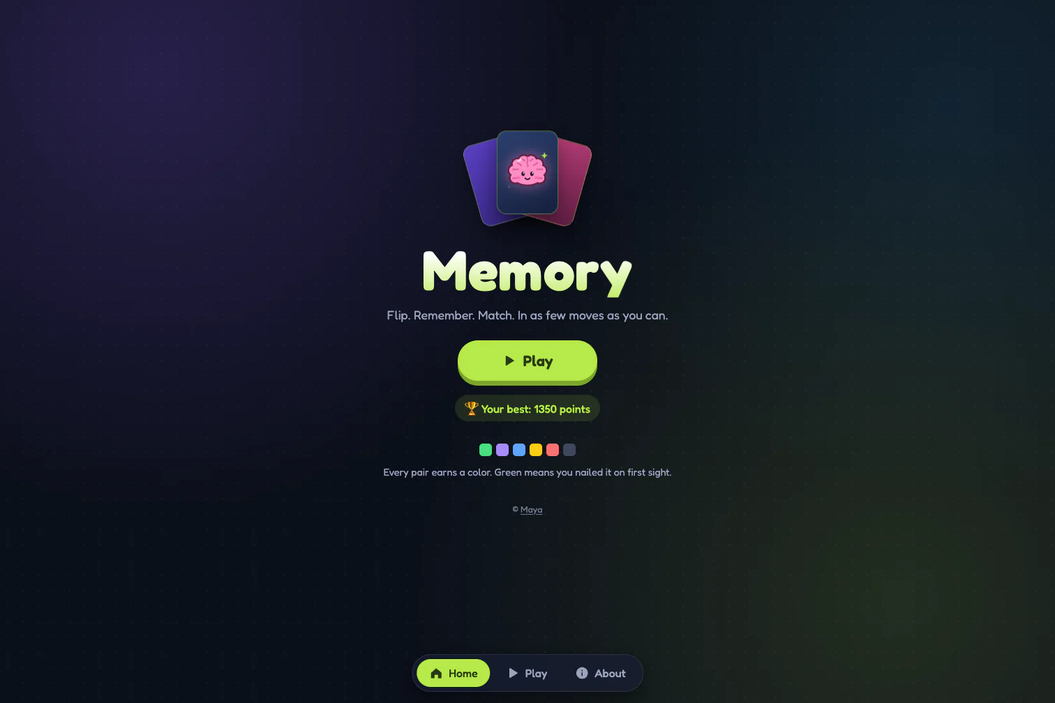 Memory home screen with brain card fan and Play button