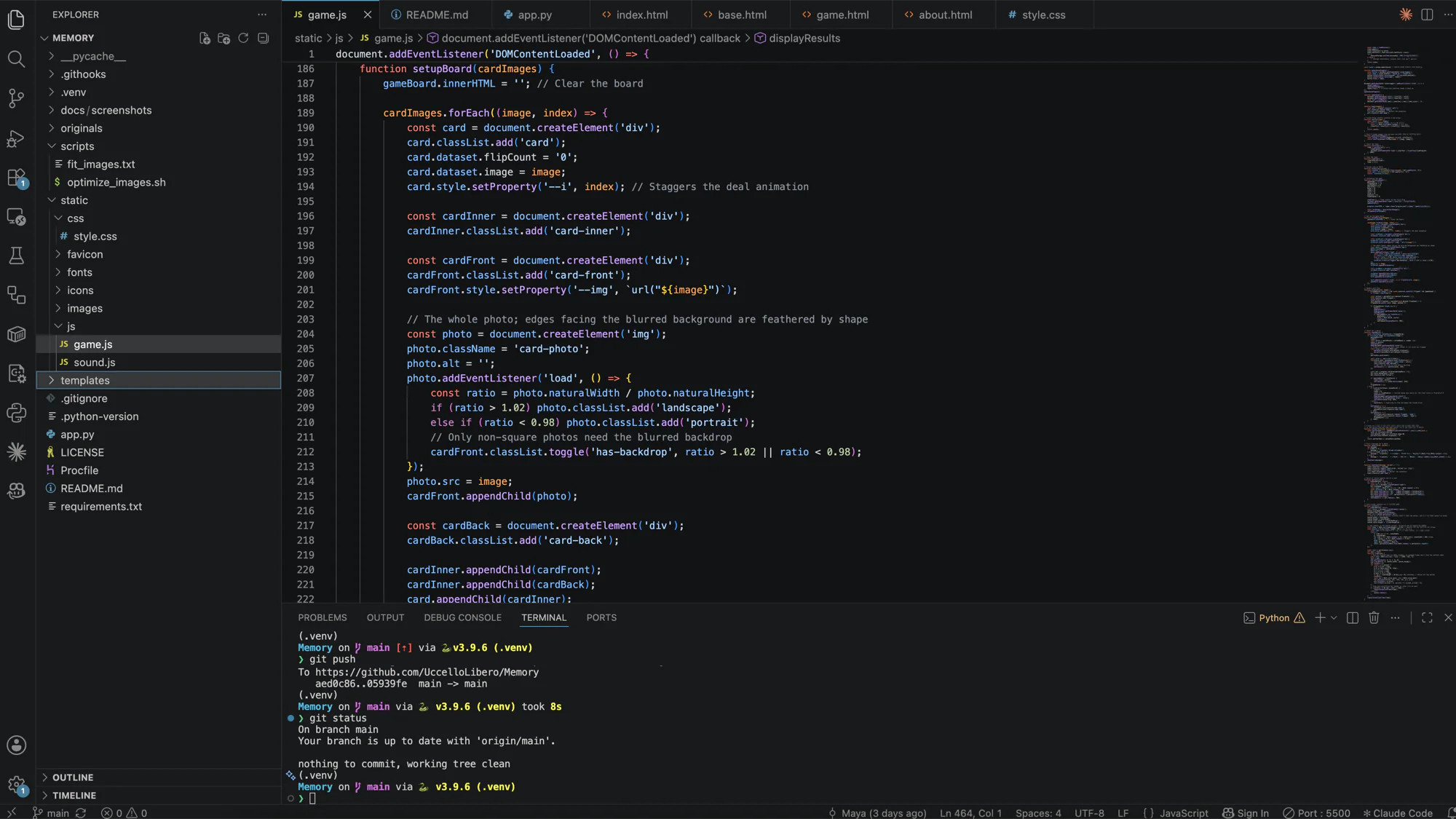 Memory source code in VS Code showing how each card and its photo are built