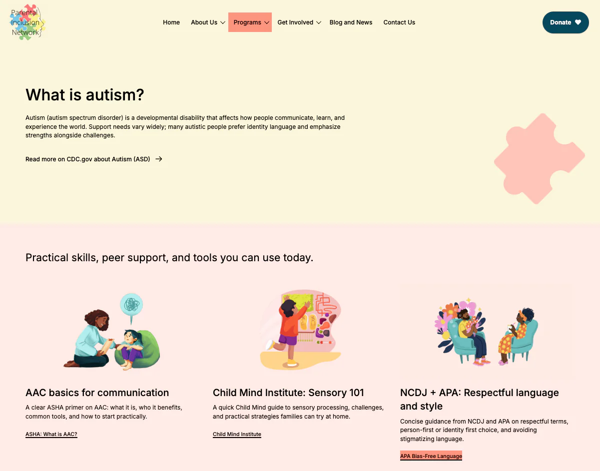 Parental Inclusion Network accessibility and helpful material screenshot