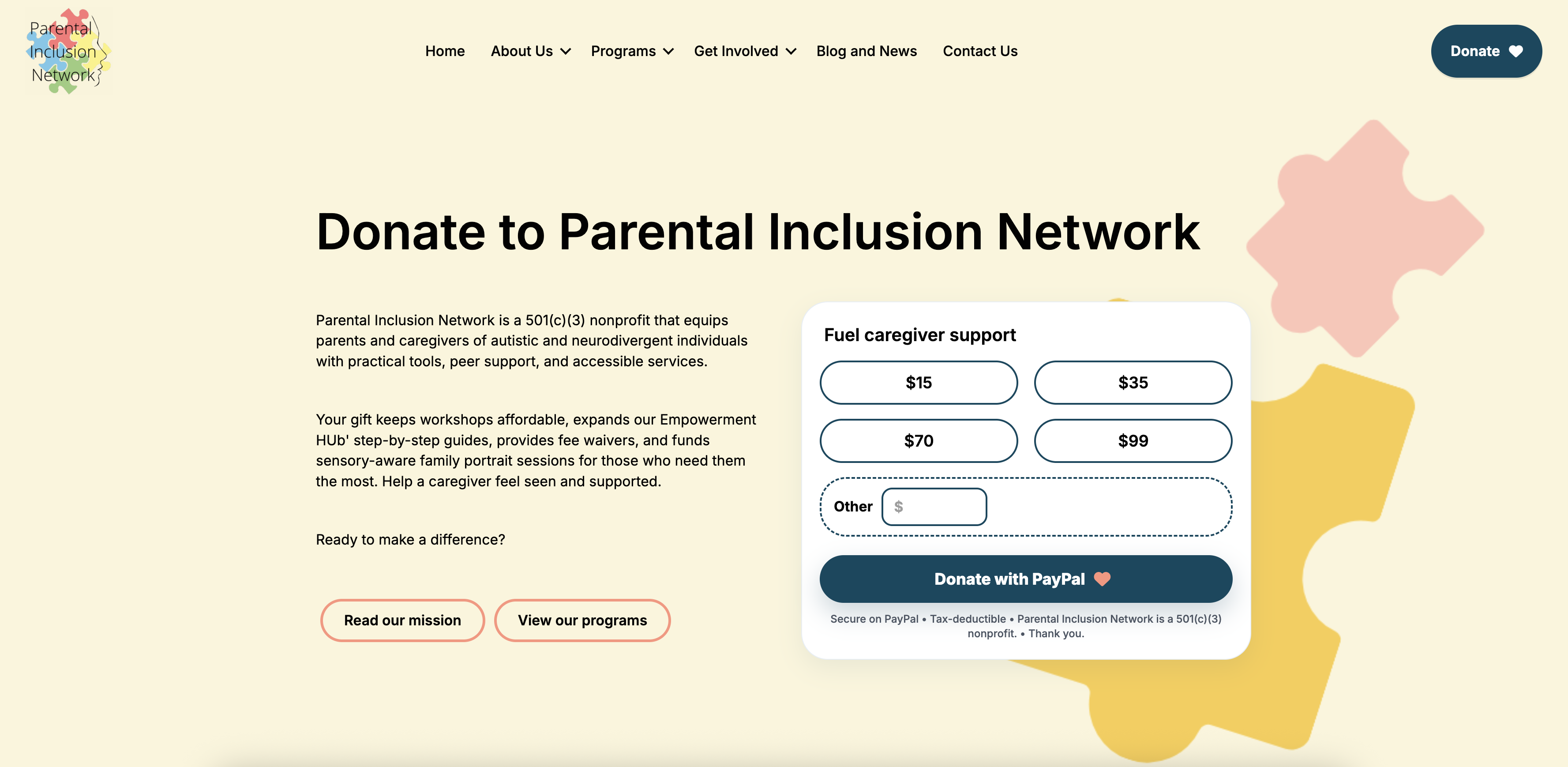 Parental Inclusion Network donate page screenshot