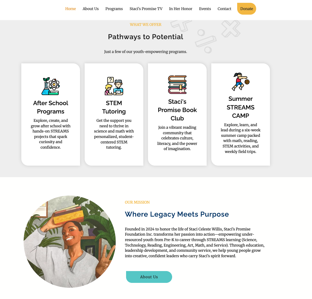 Staci's Promise accessible landing page screenshot