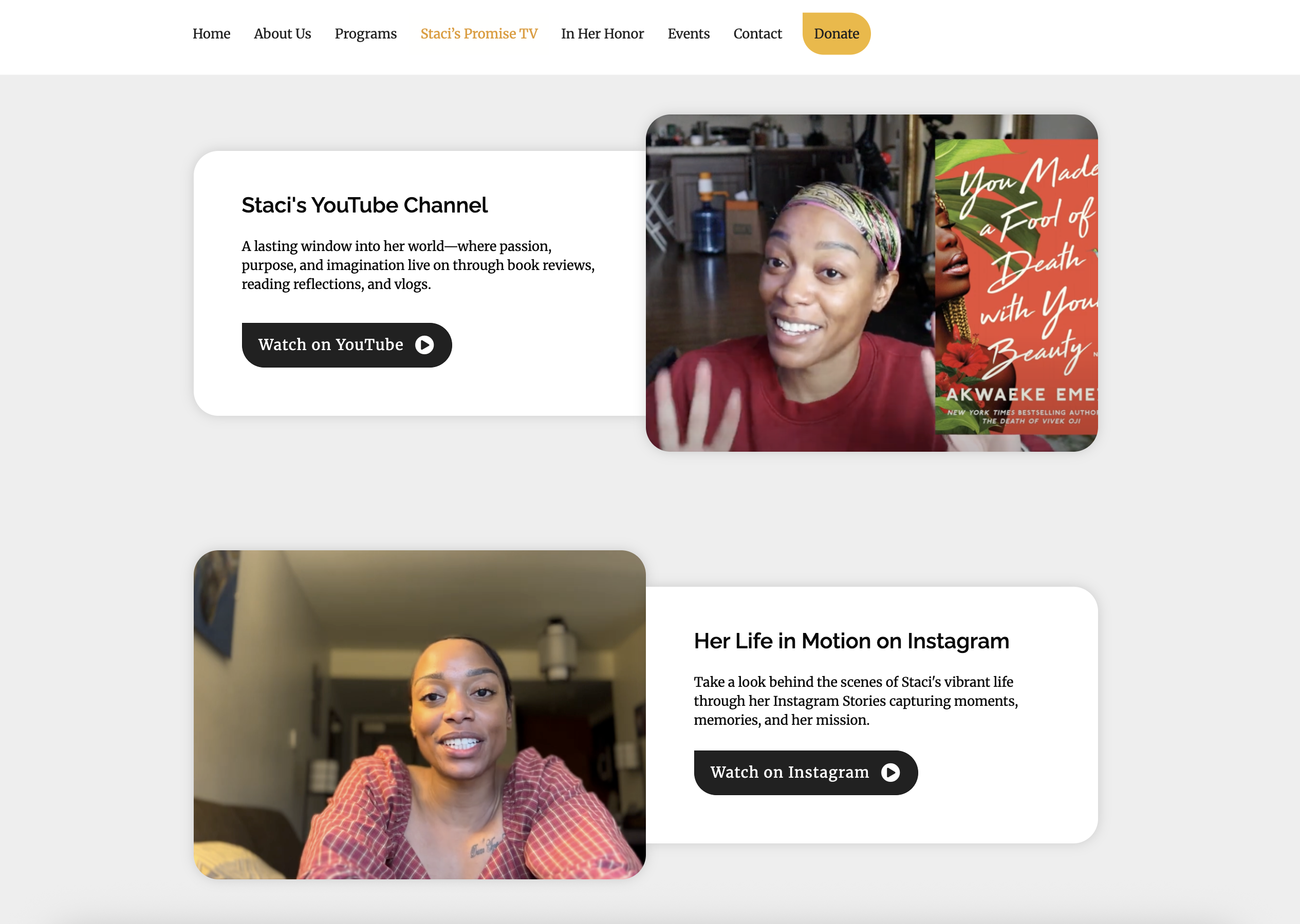 Staci's Promise social media integration screenshot