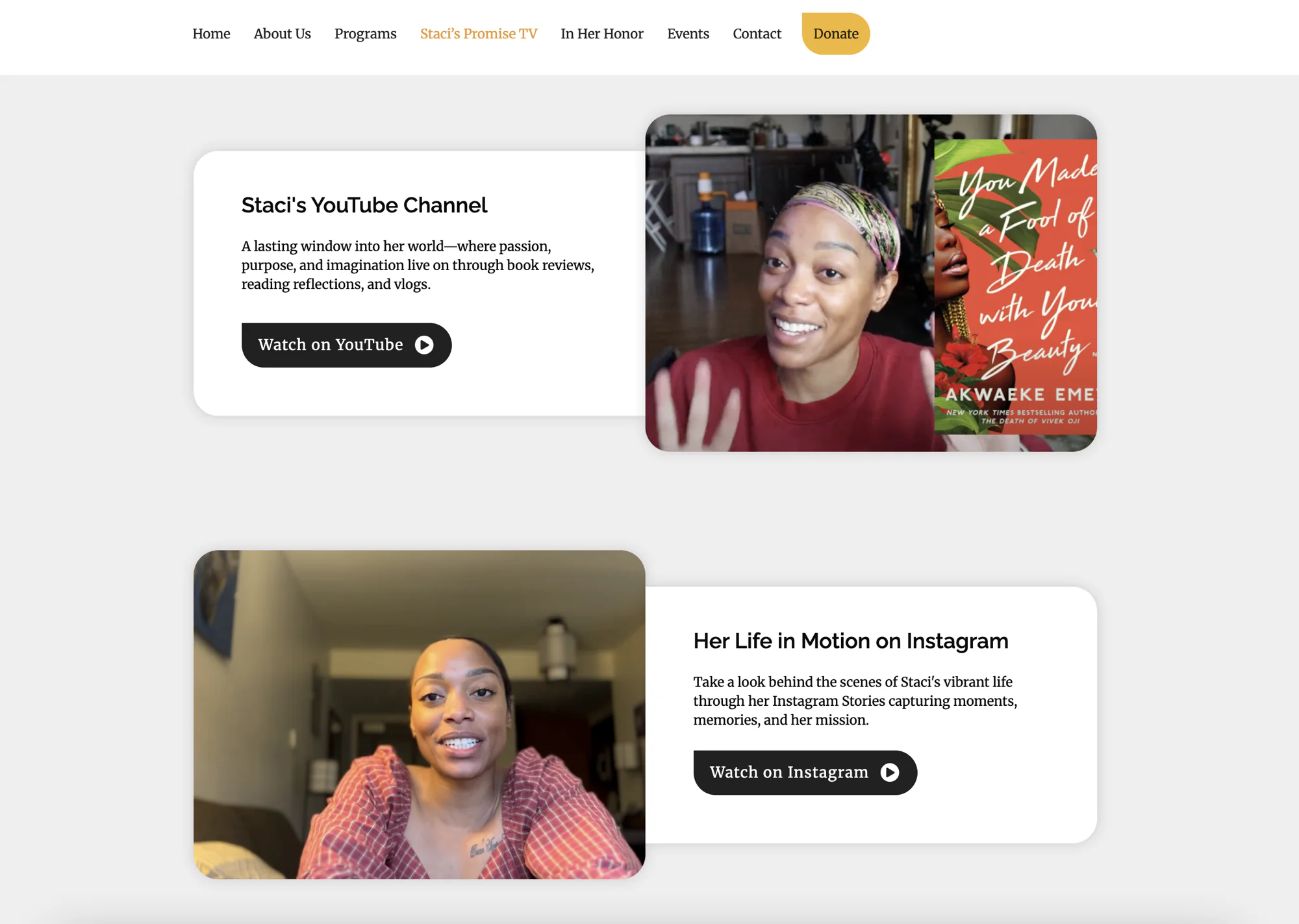 Staci's Promise social media integration screenshot